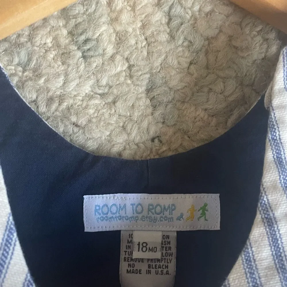 Room to Roup Baby Blue white Lined overalls striped denim Button Overalls Sz 18m